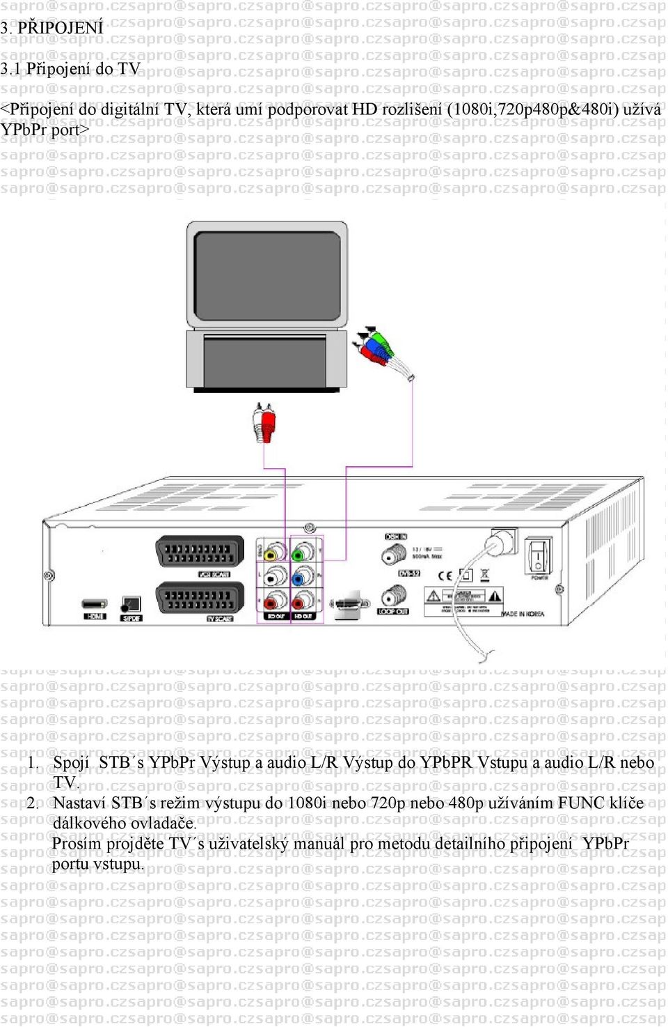 užívá YPbPr port> 1. Spojí STB s YPbPr Výstup a audio L/R Výstup do YPbPR Vstupu a audio L/R nebo TV.