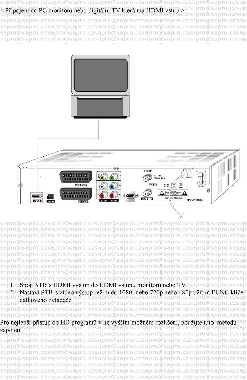 Nastaví STB s video výstup režim do 1080i nebo 720p nebo 480p užitím FUNC klíče