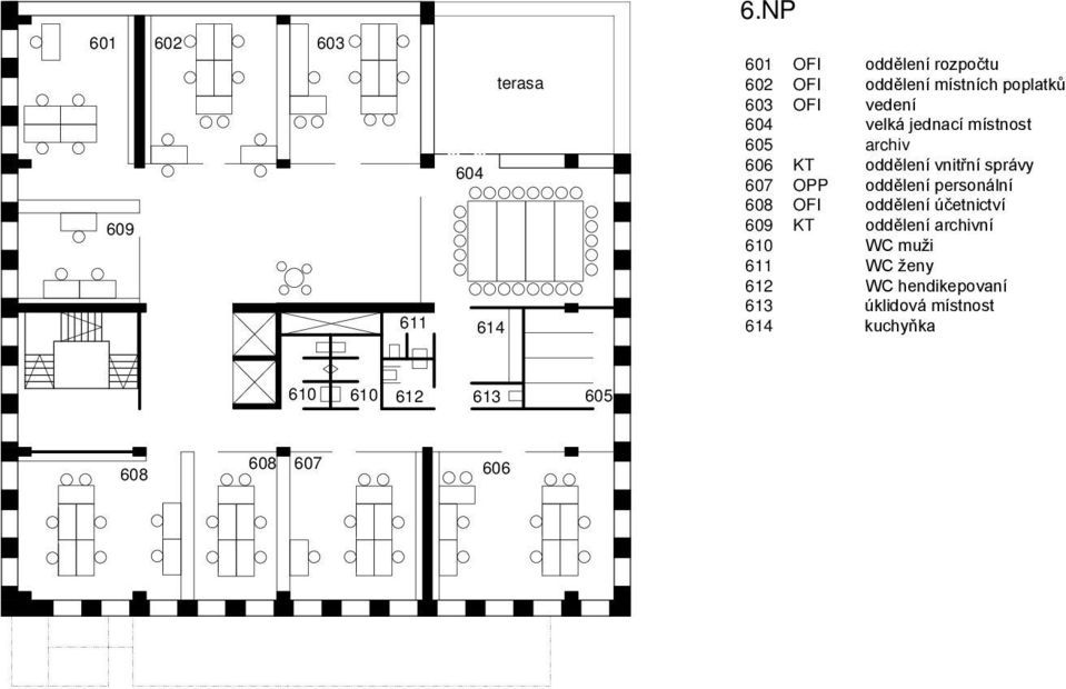 607 OPP oddělení personální 608 OFI oddělení účetnictví 609 KT oddělení archivní 610 WC muži