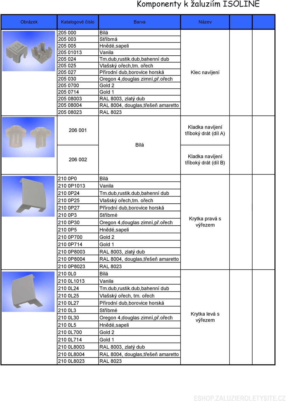 ořech 205 0700 Gold 2 205 0714 Gold 1 205 08003 RAL 8003, zlatý dub 205 08004 RAL 8004, douglas,třešeň amaretto 205 08023 RAL 8023 Klec navíjení 206 001 Kladka navíjení tříboký drát (díl A) Bílá 206