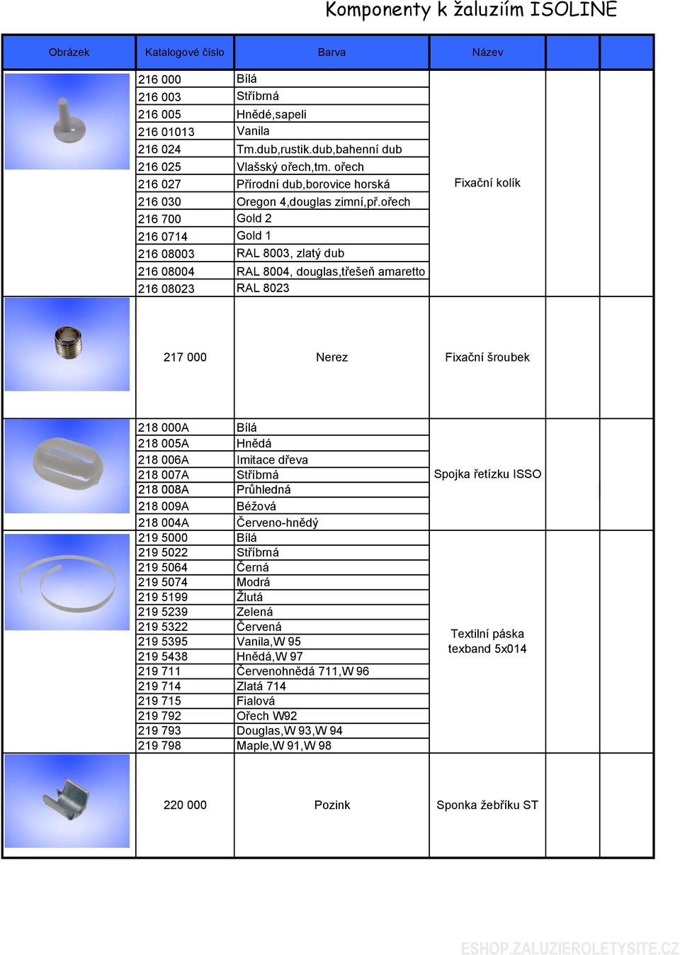 ořech 216 700 Gold 2 216 0714 Gold 1 216 08003 RAL 8003, zlatý dub 216 08004 RAL 8004, douglas,třešeň amaretto 216 08023 RAL 8023 Fixační kolík 217 000 Nerez Fixační šroubek 218 000A Bílá 218 005A