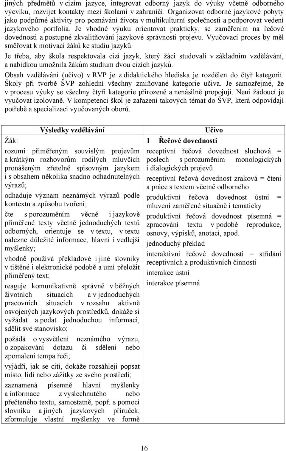 Je vhodné výuku orientovat prakticky, se zaměřením na řečové dovednosti a postupné zkvalitňování jazykové správnosti projevu. Vyučovací proces by měl směřovat k motivaci žáků ke studiu jazyků.