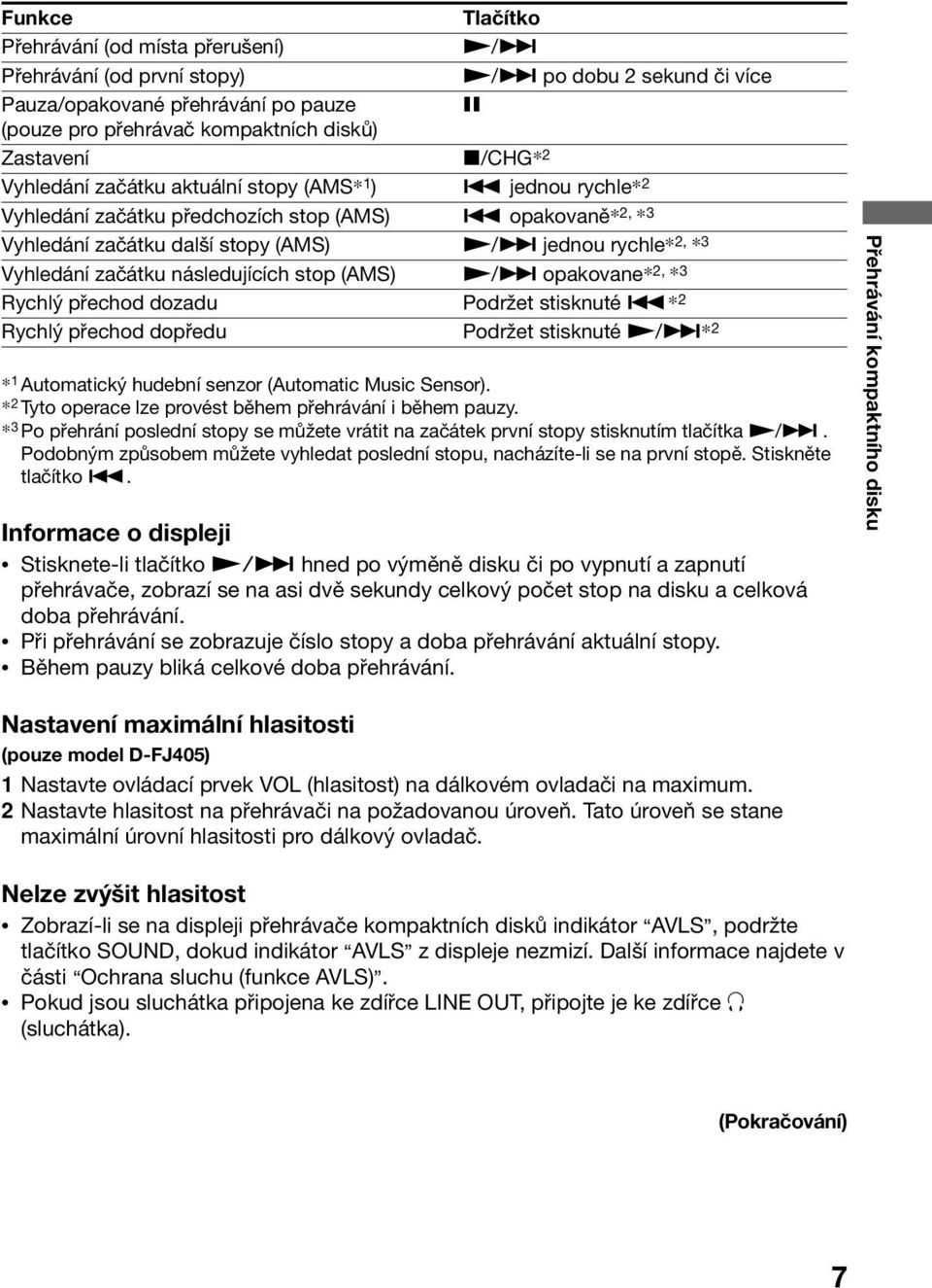 opakovaně* 2, * 3 Vyhledání začátku další stopy (AMS) N/> jednou rychle* 2, * 3 Vyhledání začátku následujících stop (AMS) N/> opakovane* 2, * 3 Rychlý přechod dozadu Podržet stisknuté.