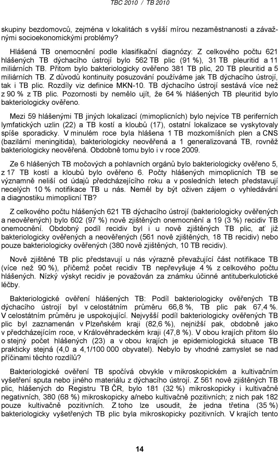 Přitom bylo bakteriologicky ověřeno 381 TB plic, 20 TB pleuritid a 5 miliárních TB. Z důvodů kontinuity posuzování používáme jak TB dýchacího ústrojí, tak i TB plic. Rozdíly viz definice MKN-10.