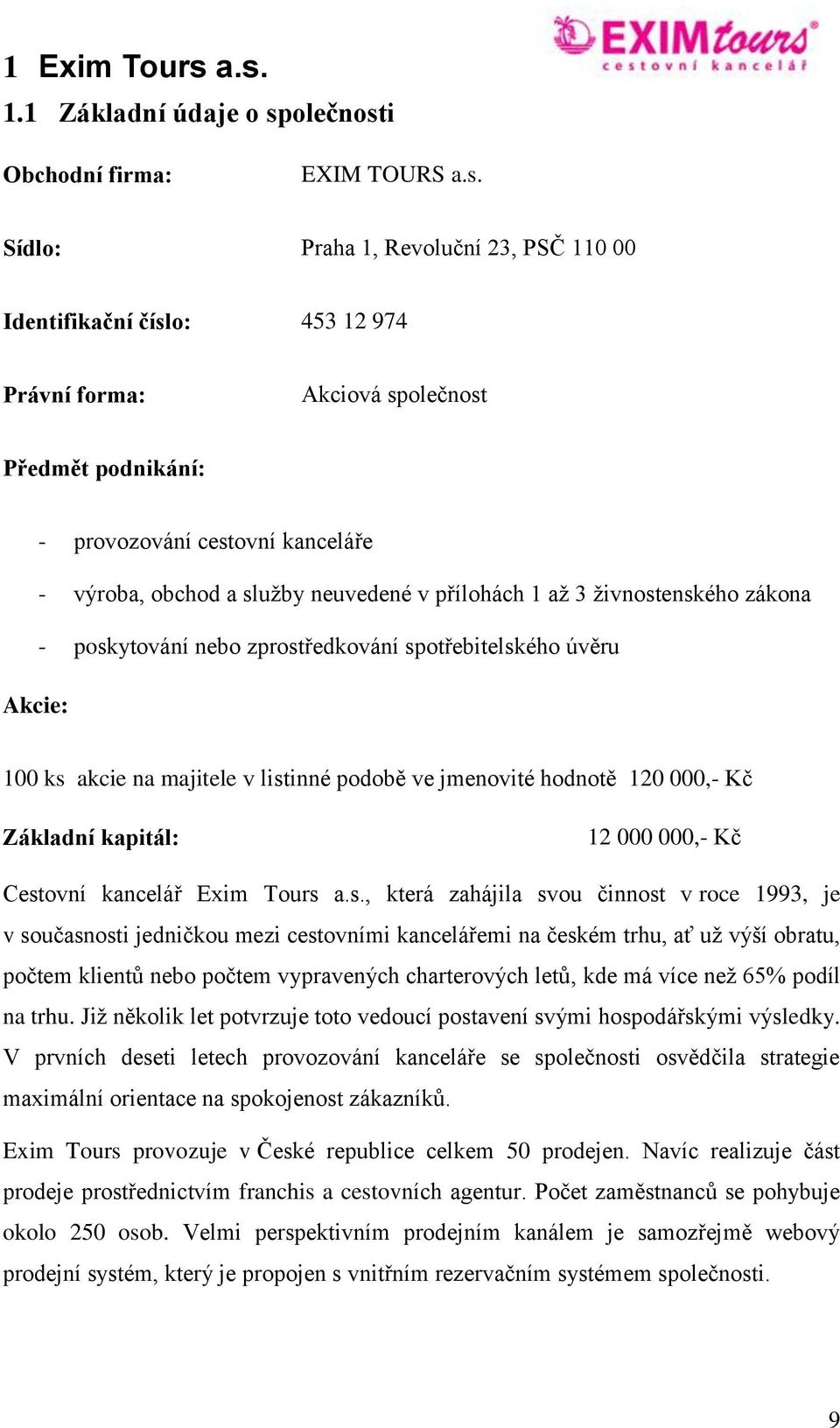 provozování cestovní kanceláře - výroba, obchod a služby neuvedené v přílohách 1 až 3 živnostenského zákona - poskytování nebo zprostředkování spotřebitelského úvěru Akcie: 100 ks akcie na majitele v