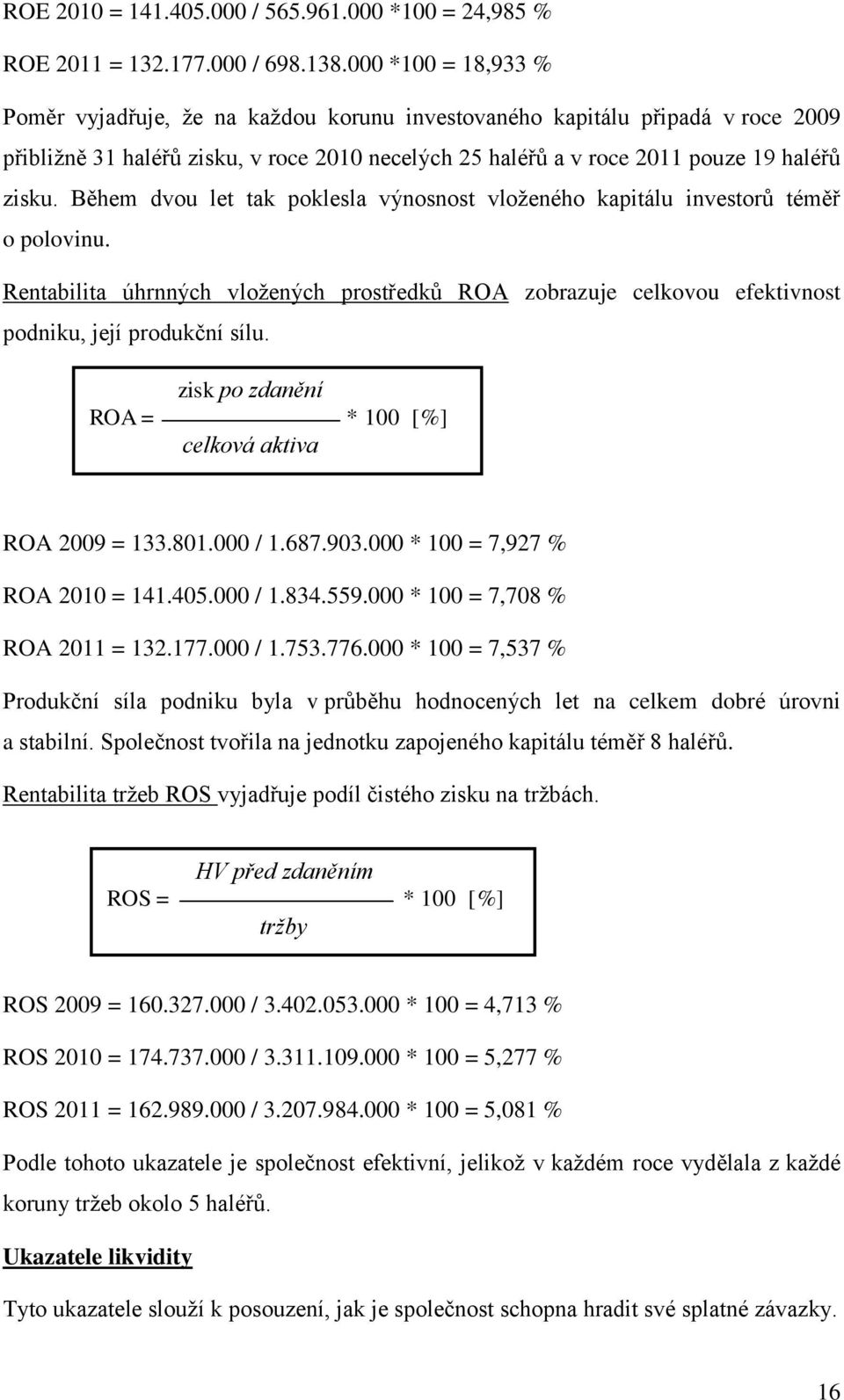 Během dvou let tak poklesla výnosnost vloženého kapitálu investorů téměř o polovinu. Rentabilita úhrnných vložených prostředků ROA zobrazuje celkovou efektivnost podniku, její produkční sílu.