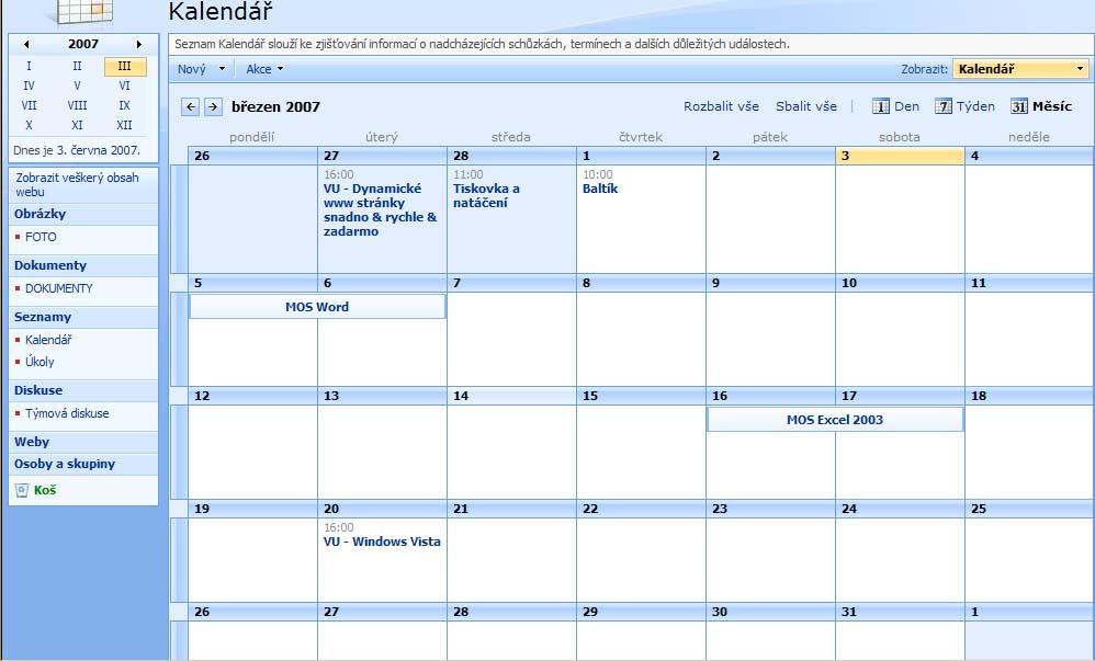 10.4 Internetové či Intranetových kalendáře Tato služba je velmi podobná nastavení sdílení a publikovaného prostředí v rámci Microsoft Office Online.