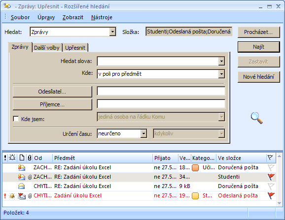 3 Vyhledávání zpráv podle příznaku Pokud zprávy obsahují příznaky, je velmi pohodlné podle nich vyhledávat. Každá takto označená zpráva, kterou odešlete, má v sobě automaticky vyhledávací mechanismus.