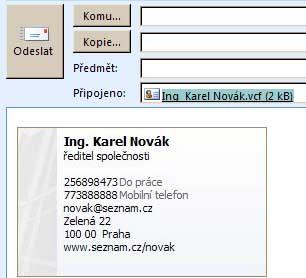 13.2 Přidání elektronické vizitky do zprávy Při tvorbě nové zprávy je vidět na kartě Zpráva i ikonu Vizitka.