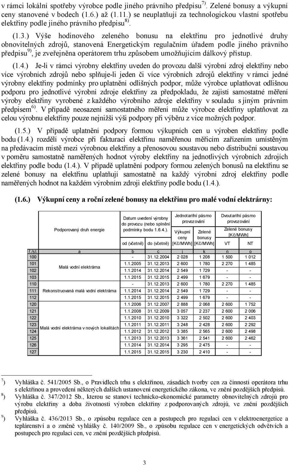 ) Výše hinového zeleného bonusu na elektřinu pro jednotlivé druhy obnovitelných zdrojů, stanovená Energetickým regulačním úřadem ple jiného právního předpisu 9), je zveřejněna operátorem trhu