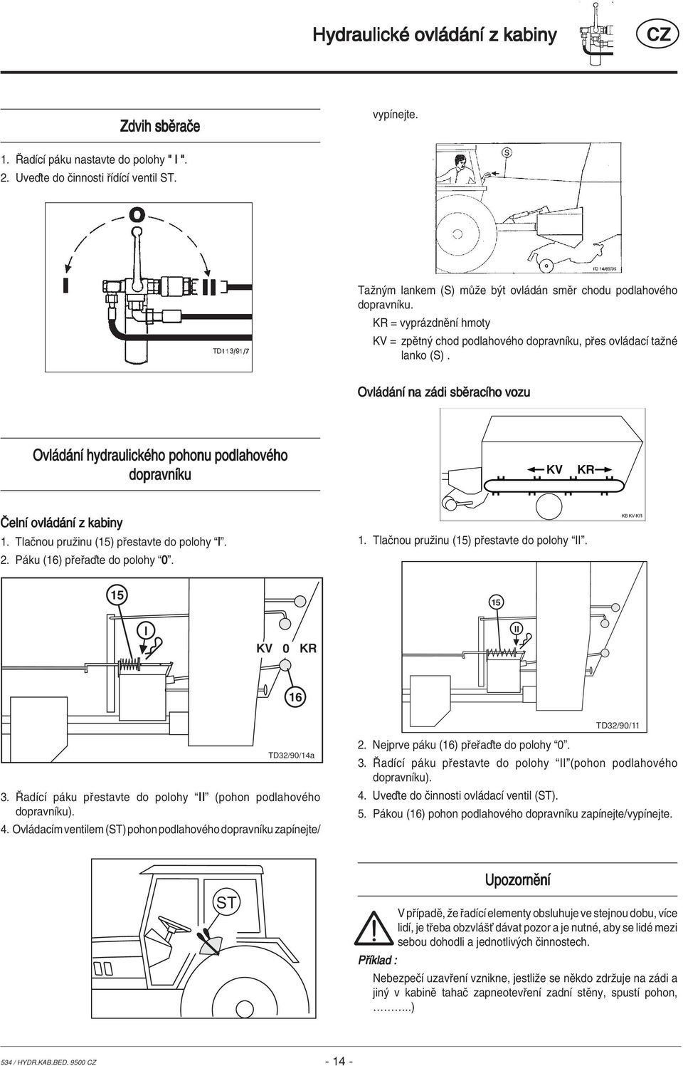 Ovl d nì na z di sbïracìho vozu Ovl d nì hydraulickèho pohonu podlahovèho dopravnìku KV KR»elnÌ ovl d nì z kabiny 1. TlaËnou pruûinu (15) p estavte do polohy ìiî. 2. P ku (16) p e aôte do polohy ì0î.