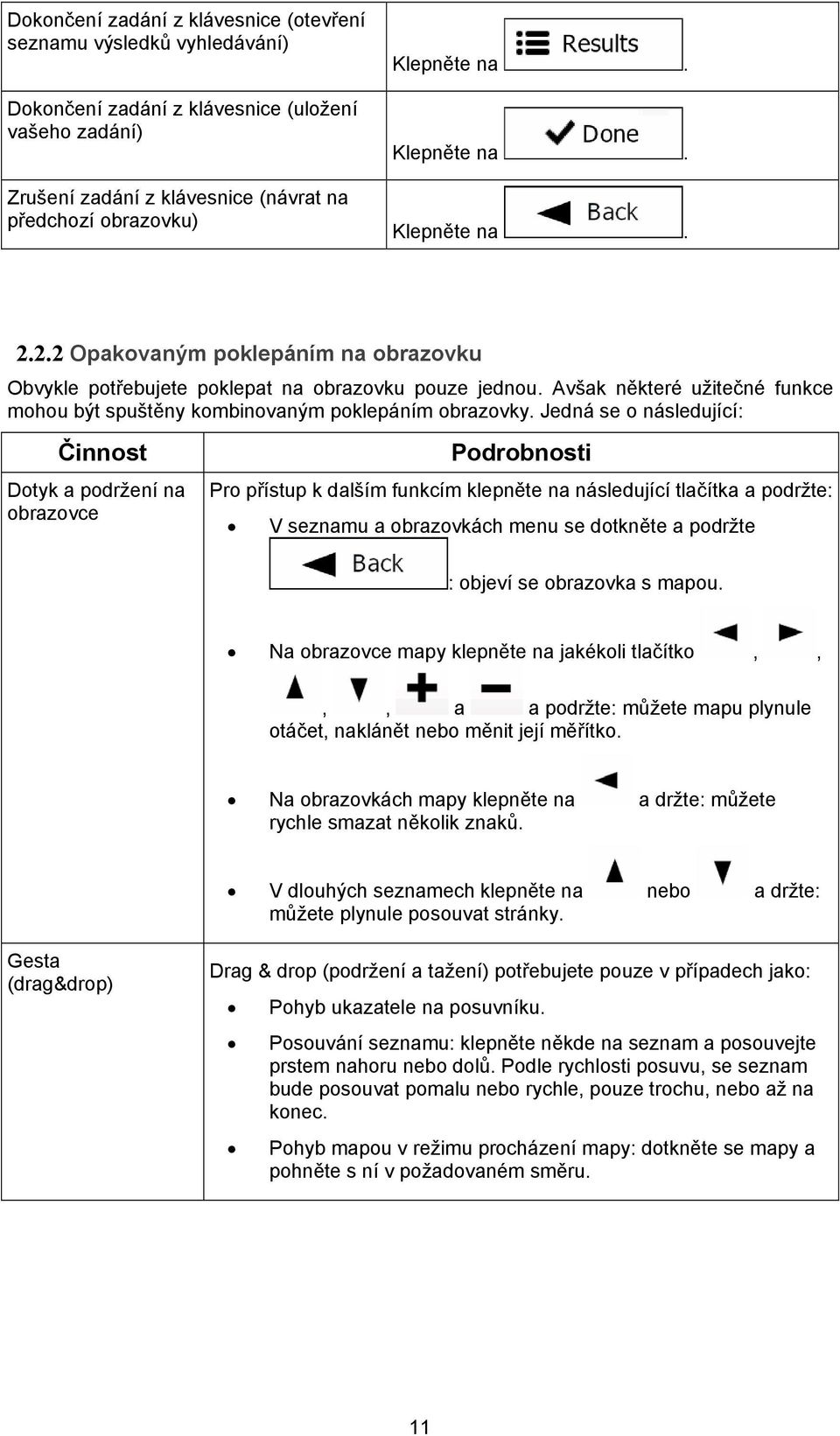 Avšak některé užitečné funkce mohou být spuštěny kombinovaným poklepáním obrazovky.