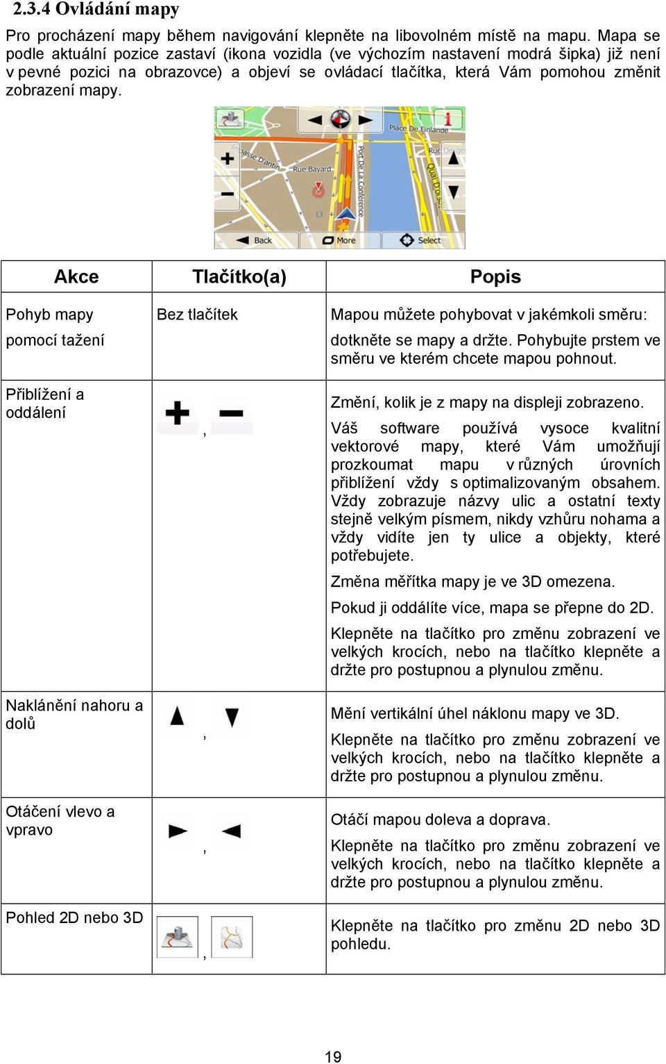 Akce Tlačítko(a) Popis Pohyb mapy pomocí tažení Přiblížení a oddálení Naklánění nahoru a dolů Otáčení vlevo a vpravo Pohled 2D nebo 3D Bez tlačítek,,,, Mapou můžete pohybovat v jakémkoli směru: