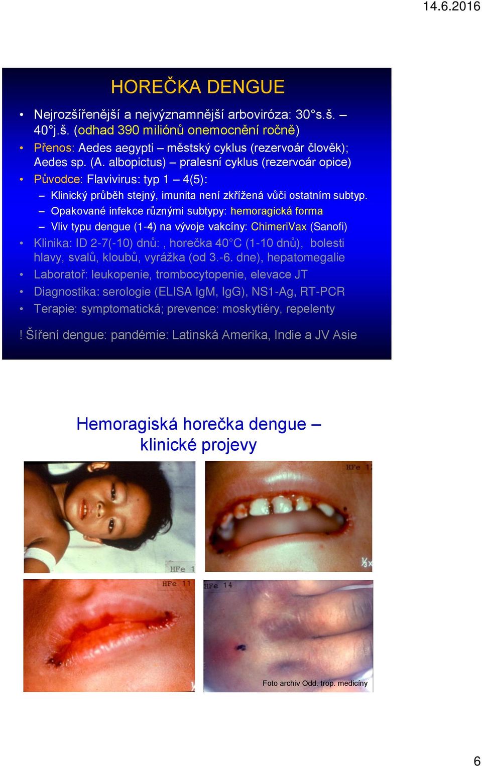 Opakované infekce různými subtypy: hemoragická forma Vliv typu dengue (1-4) na vývoje vakcíny: ChimeriVax (Sanofi) Klinika: ID 2-7(-10) dnů:, horečka 40 C (1-10 dnů), bolesti hlavy, svalů, kloubů,