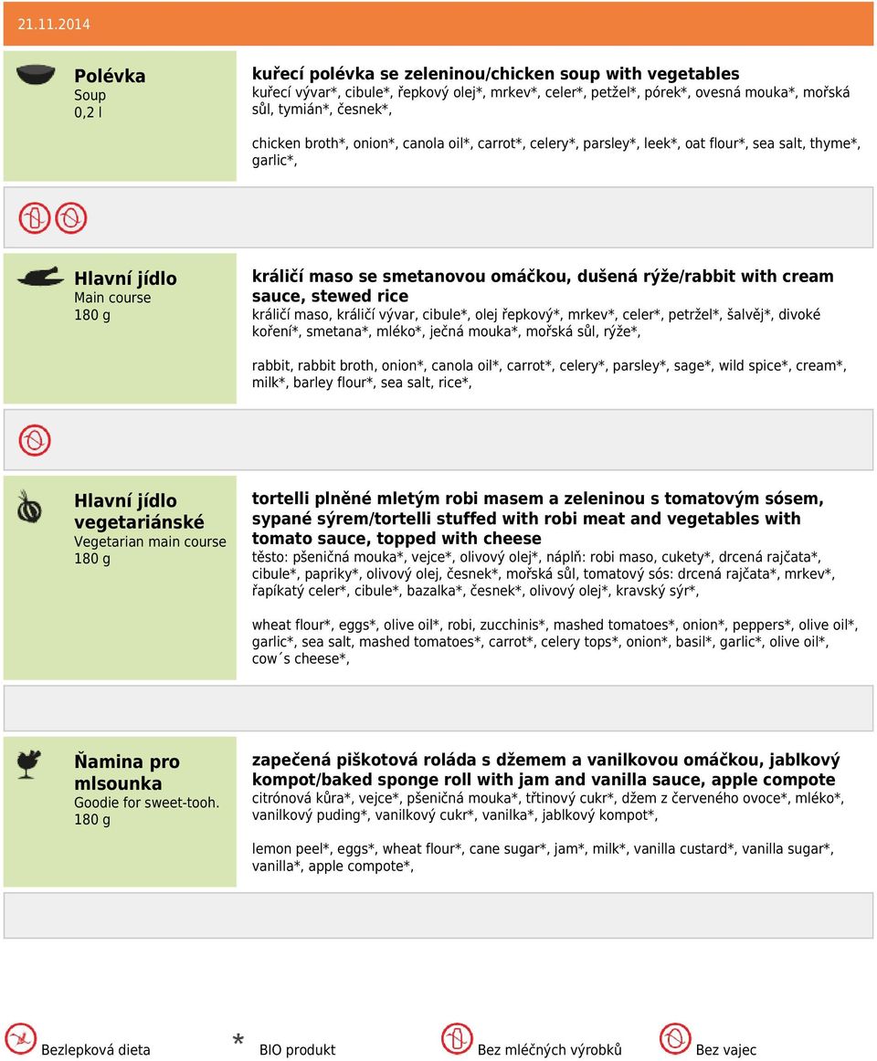 onion*, canola oil*, carrot*, celery*, parsley*, leek*, oat flour*, sea salt, thyme*, garlic*, králičí maso se smetanovou omáčkou, dušená rýže/rabbit with cream sauce, stewed rice králičí maso,