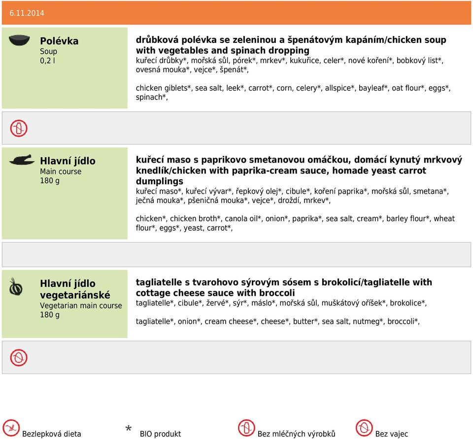 kynutý mrkvový knedlík/chicken with paprika-cream sauce, homade yeast carrot dumplings kuřecí maso*, kuřecí vývar*, řepkový olej*, cibule*, koření paprika*, mořská sůl, smetana*, ječná mouka*,