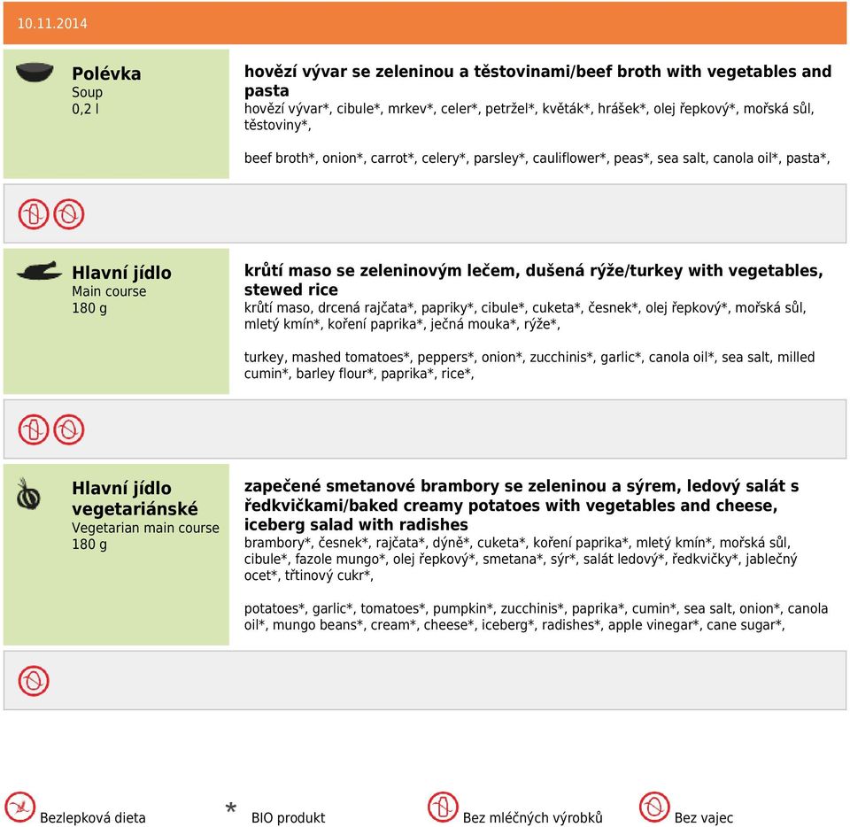 broth*, onion*, carrot*, celery*, parsley*, cauliflower*, peas*, sea salt, canola oil*, pasta*, krůtí maso se zeleninovým lečem, dušená rýže/turkey with vegetables, stewed rice krůtí maso, drcená