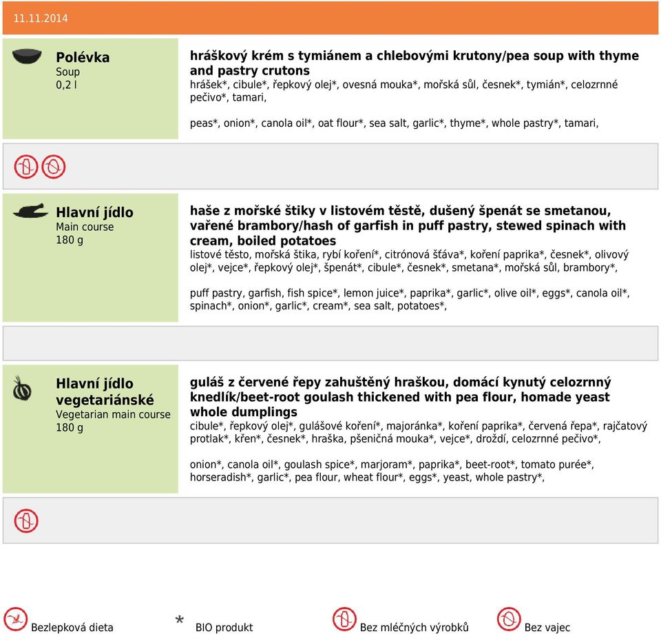puff pastry, stewed spinach with cream, boiled potatoes listové těsto, mořská štika, rybí koření*, citrónová šťáva*, koření paprika*, česnek*, olivový olej*, vejce*, řepkový olej*, špenát*, cibule*,