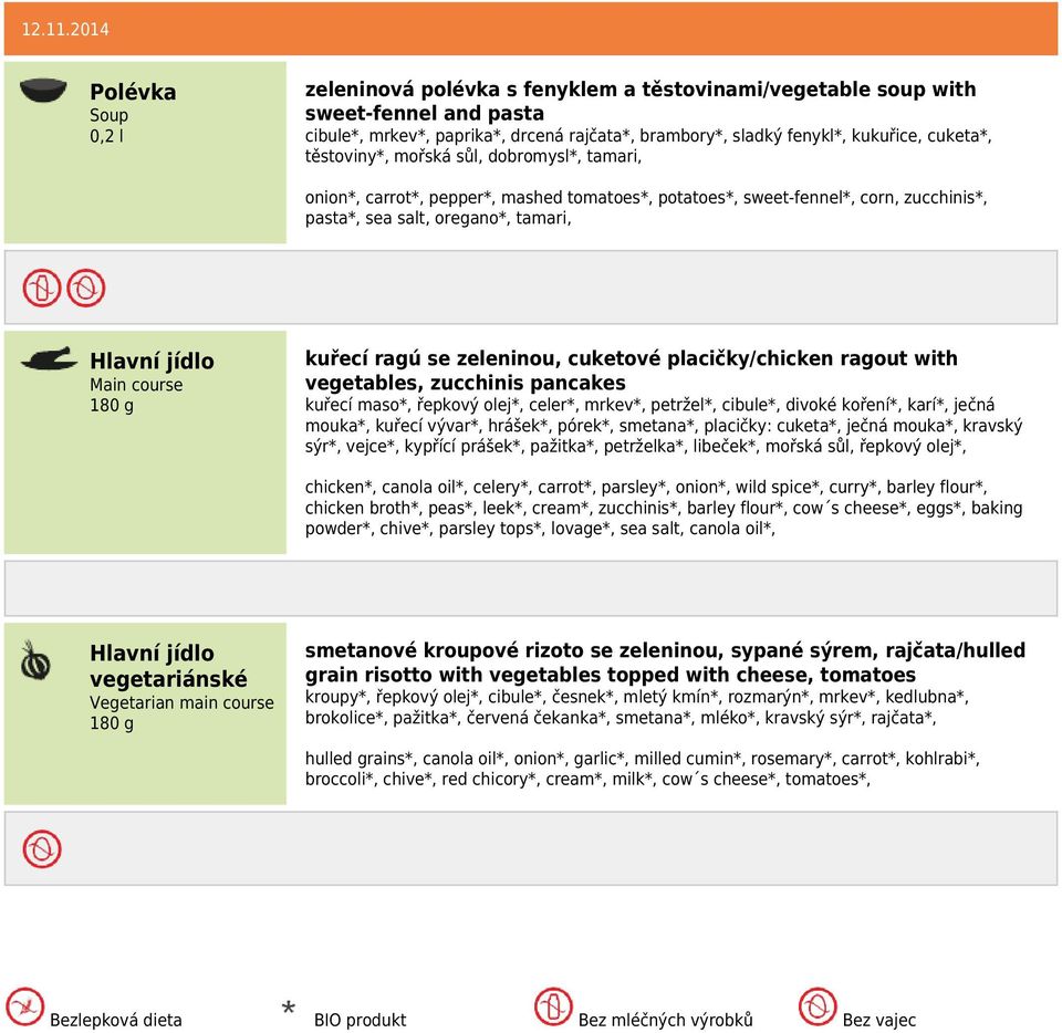 mořská sůl, dobromysl*, tamari, onion*, carrot*, pepper*, mashed tomatoes*, potatoes*, sweet-fennel*, corn, zucchinis*, pasta*, sea salt, oregano*, tamari, kuřecí ragú se zeleninou, cuketové