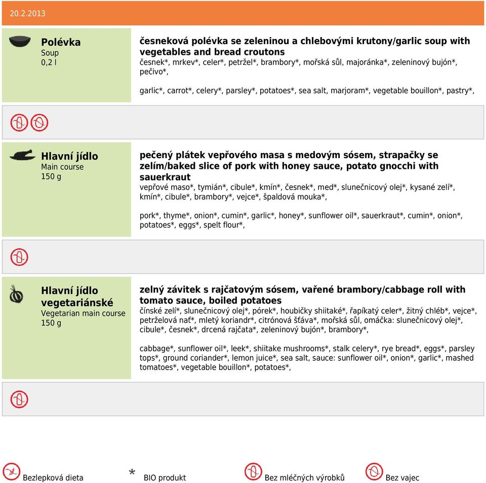 honey sauce, potato gnocchi with sauerkraut vepřové maso*, tymián*, cibule*, kmín*, česnek*, med*, slunečnicový olej*, kysané zelí*, kmín*, cibule*, brambory*, vejce*, špaldová mouka*, pork*, thyme*,