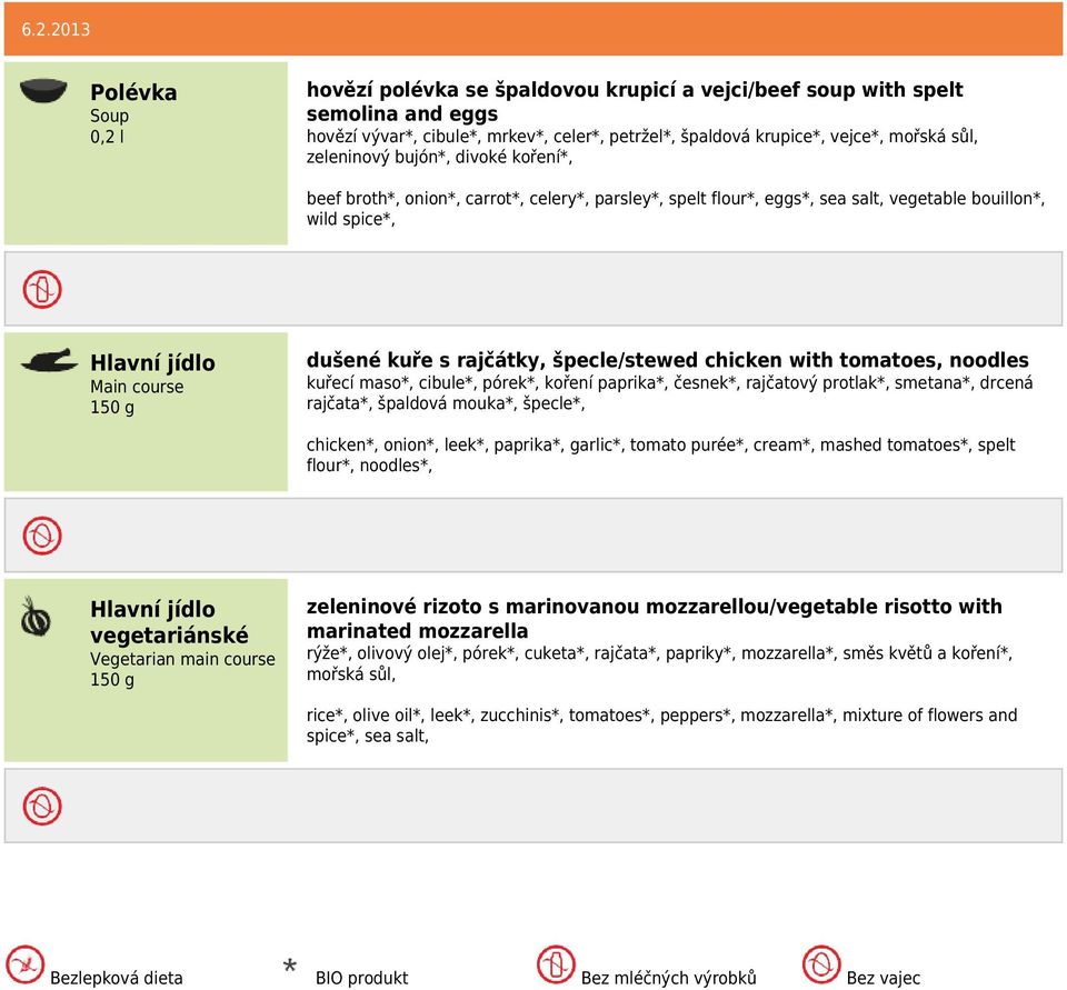 kuřecí maso*, cibule*, pórek*, koření paprika*, česnek*, rajčatový protlak*, smetana*, drcená rajčata*, špaldová mouka*, špecle*, chicken*, onion*, leek*, paprika*, garlic*, tomato purée*, cream*,