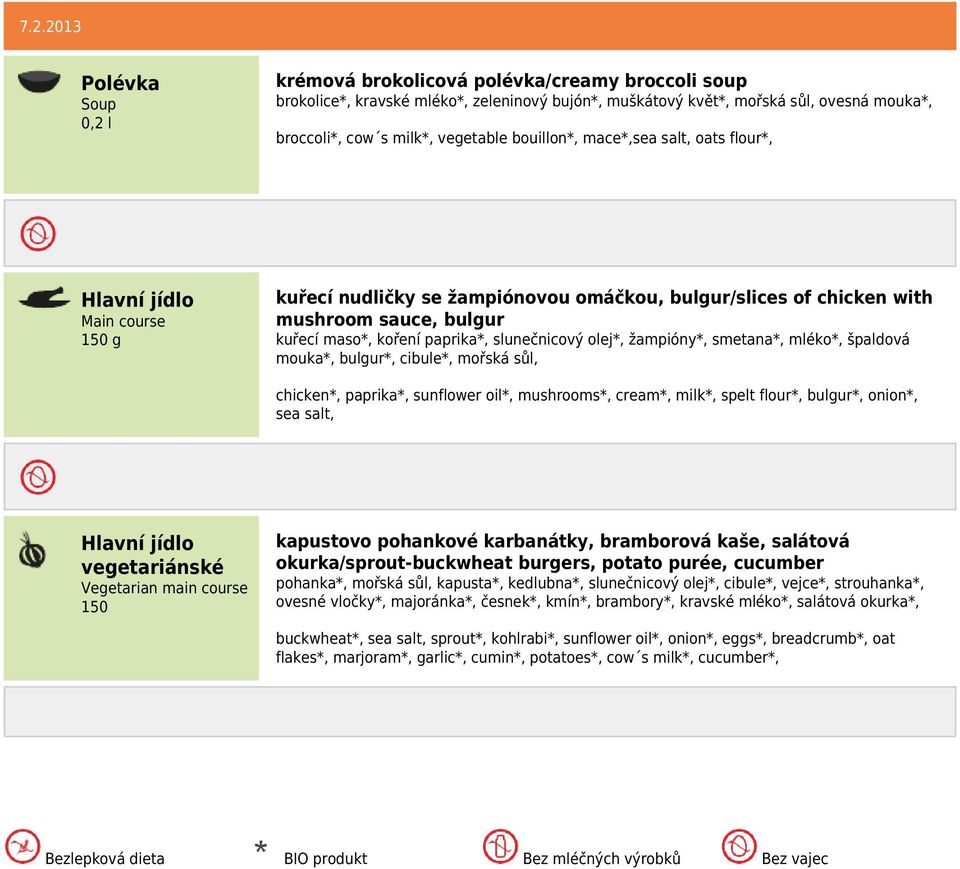 mléko*, špaldová mouka*, bulgur*, cibule*, mořská sůl, chicken*, paprika*, sunflower oil*, mushrooms*, cream*, milk*, spelt flour*, bulgur*, onion*, sea salt, 150 kapustovo pohankové karbanátky,