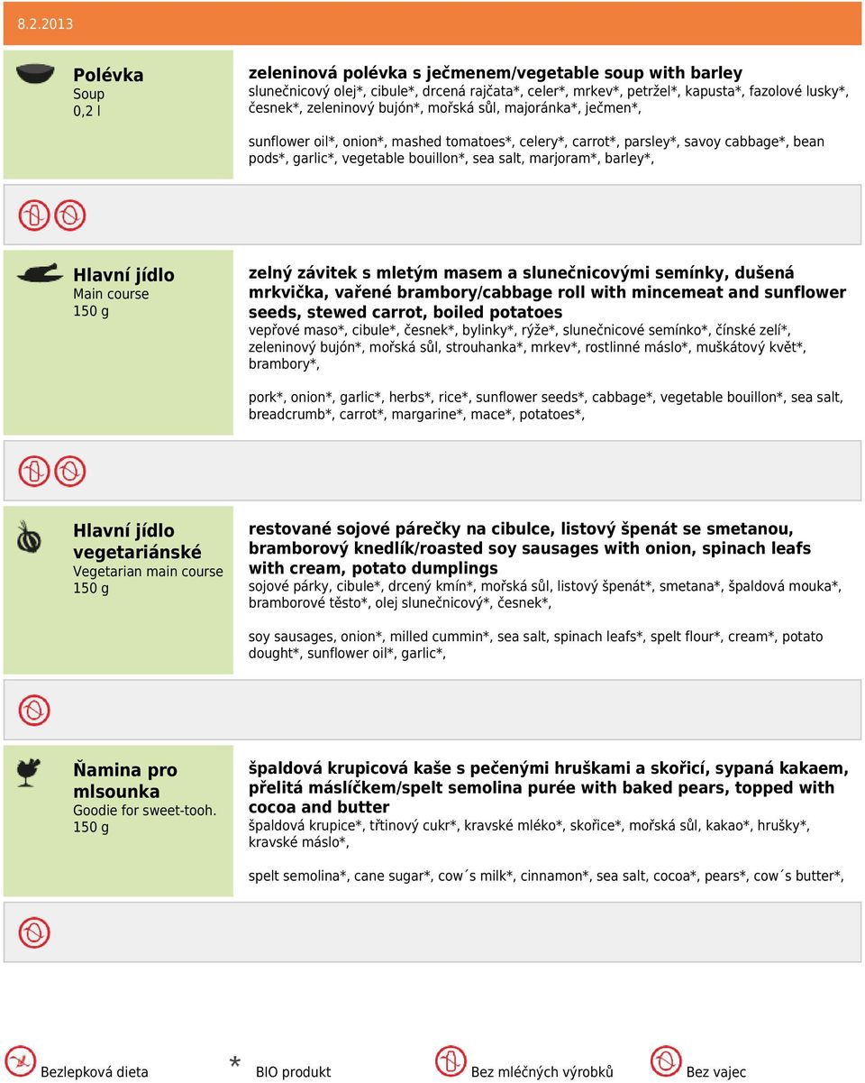 mletým masem a slunečnicovými semínky, dušená mrkvička, vařené brambory/cabbage roll with mincemeat and sunflower seeds, stewed carrot, boiled potatoes vepřové maso*, cibule*, česnek*, bylinky*,