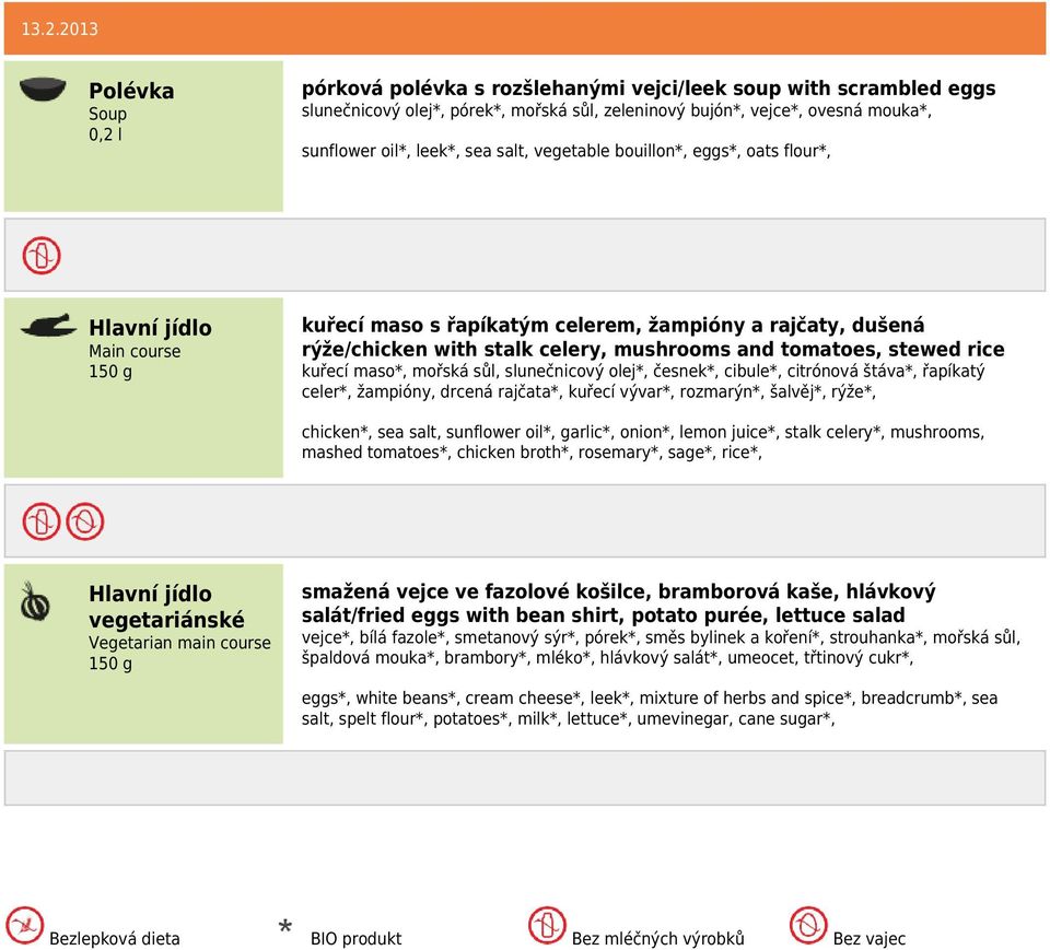 slunečnicový olej*, česnek*, cibule*, citrónová štáva*, řapíkatý celer*, žampióny, drcená rajčata*, kuřecí vývar*, rozmarýn*, šalvěj*, rýže*, chicken*, sea salt, sunflower oil*, garlic*, onion*,