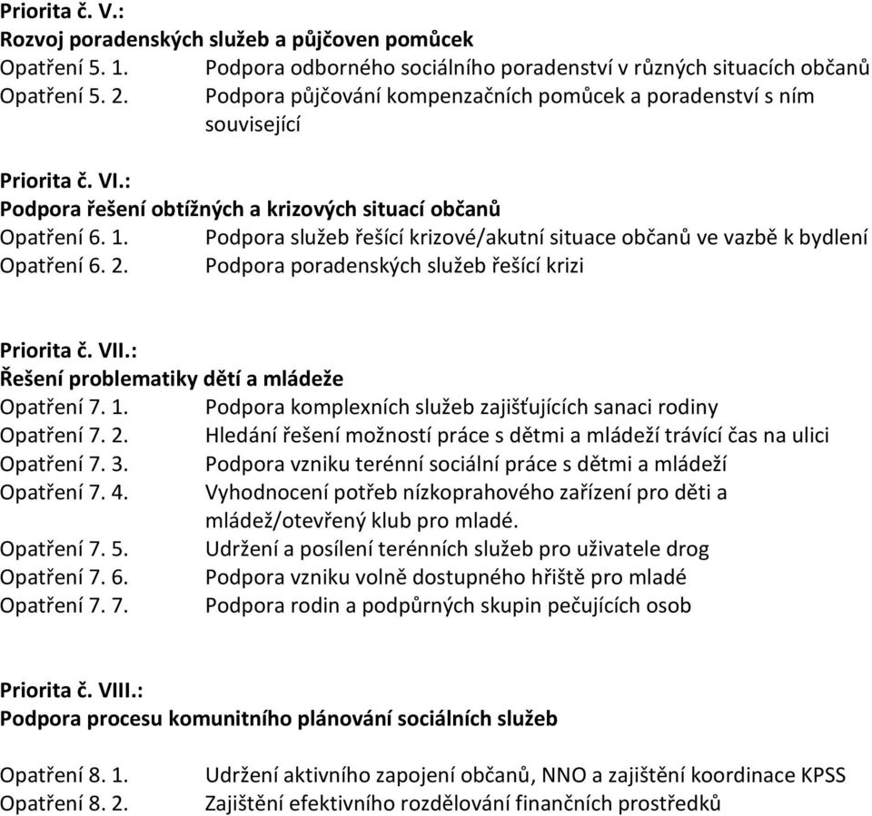 Podpora služeb řešící krizové/akutní situace občanů ve vazbě k bydlení Opatření 6. 2. Podpora poradenských služeb řešící krizi Priorita č. VII.: Řešení problematiky dětí a mládeže Opatření 7. 1.