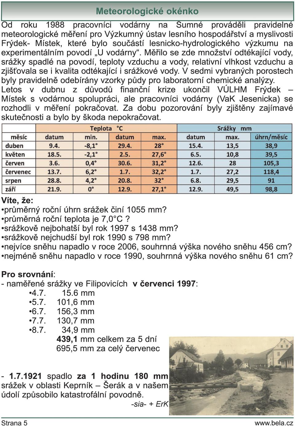 Měřilo se zde množství odtékající vody, srážky spadlé na povodí, teploty vzduchu a vody, relativní vlhkost vzduchu a zjišťovala se i kvalita odtékající i srážkové vody.