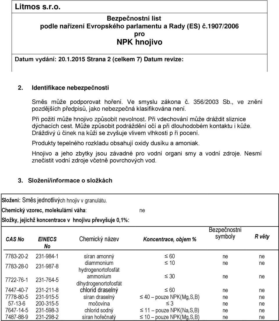 Může způsobit podráždění očí a při dlouhodobém kontaktu i kůže. Dráždivý ú činek na kůži se zvyšuje vlivem vlhkosti p ři pocení. Produkty tepelného rozkladu obsahují oxidy dusíku a amoniak.