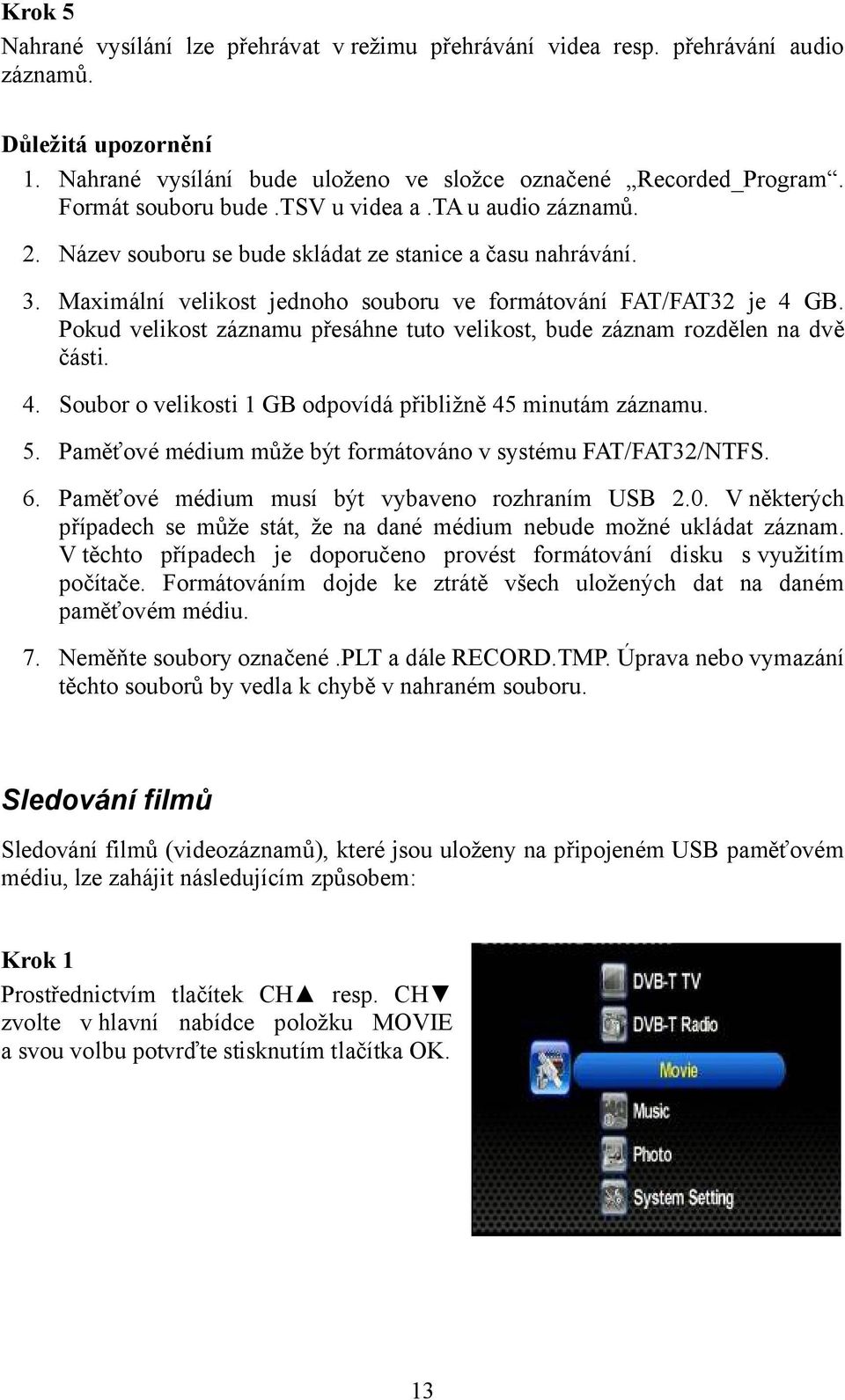 Pokud velikost záznamu přesáhne tuto velikost, bude záznam rozdělen na dvě části. 4. Soubor o velikosti 1 GB odpovídá přibližně 45 minutám záznamu. 5.