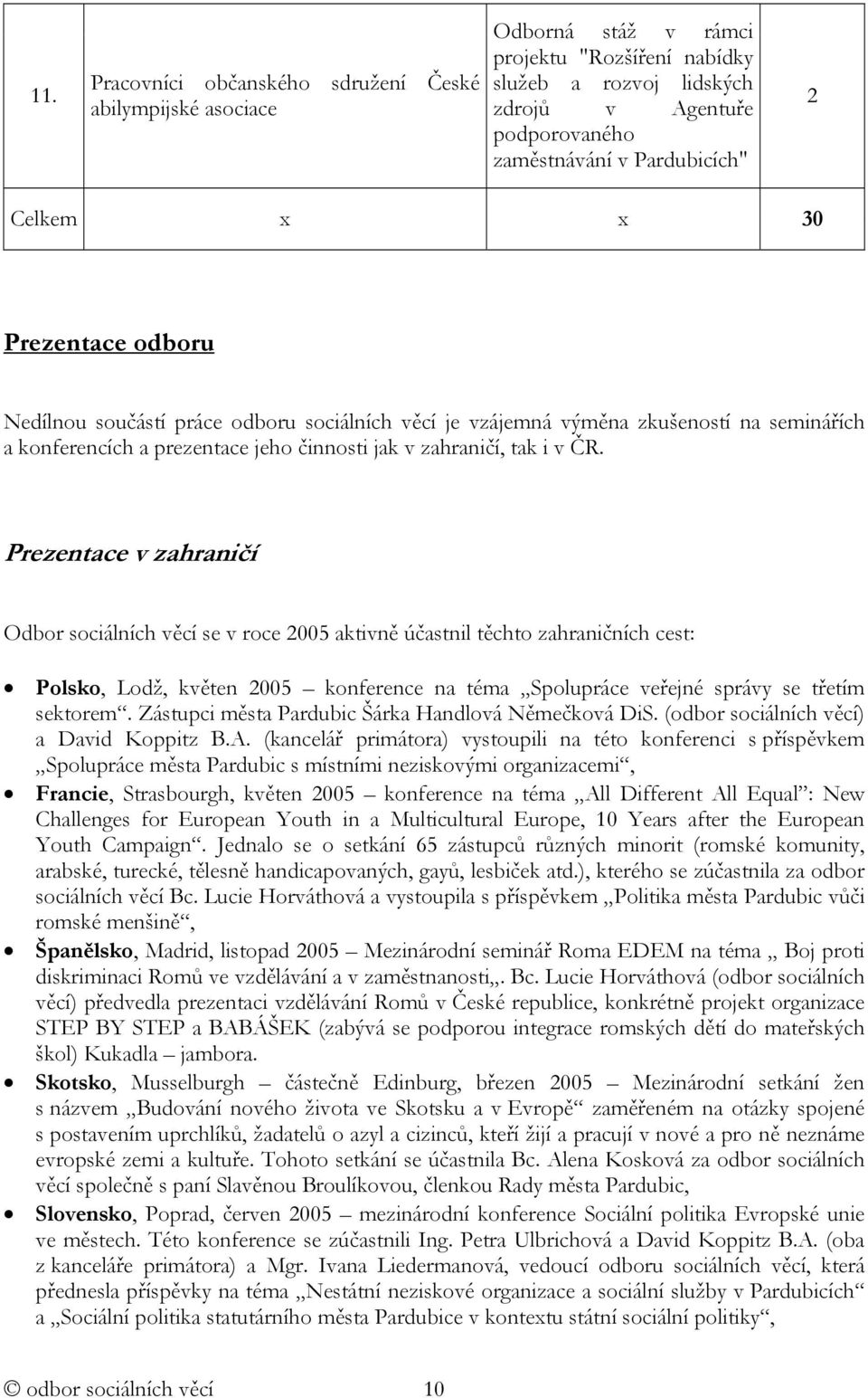 Prezentace v zahraničí Odbor sociálních věcí se v roce 2005 aktivně účastnil těchto zahraničních cest: Polsko, Lodž, květen 2005 konference na téma Spolupráce veřejné správy se třetím sektorem.