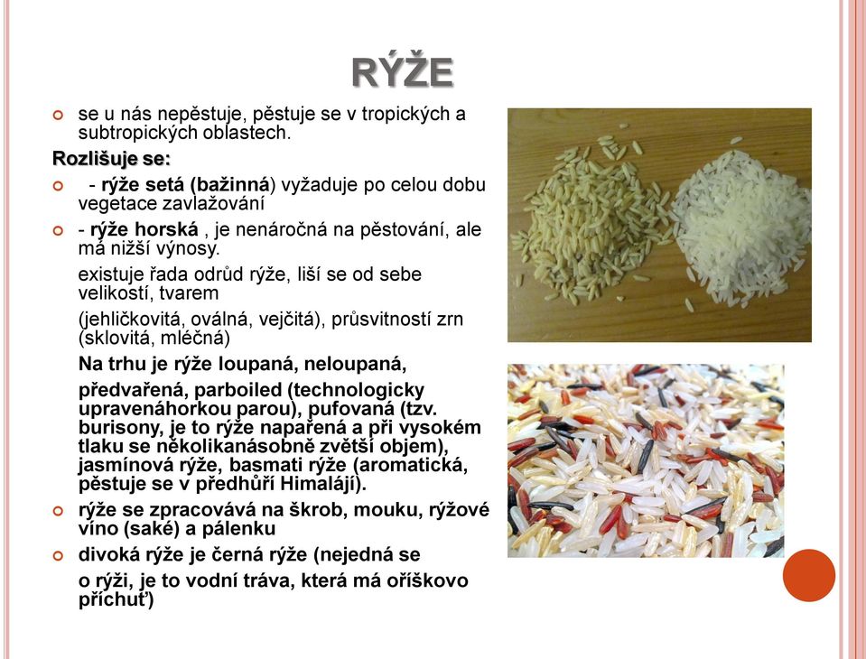 existuje řada odrůd rýže, liší se od sebe velikostí, tvarem (jehličkovitá, oválná, vejčitá), průsvitností zrn (sklovitá, mléčná) Na trhu je rýže loupaná, neloupaná, předvařená, parboiled