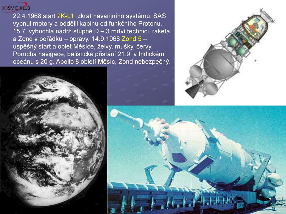 vybuchla nádrţ stupně D 3 mrtví technici, raketa a Zond v pořádku opravy. 14.9.