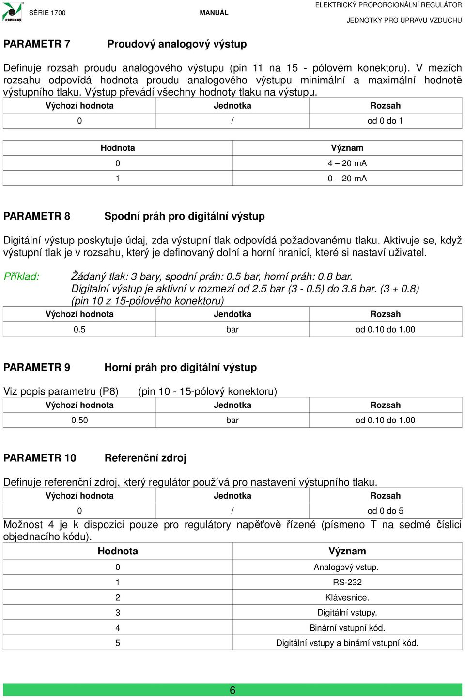 0 / od 0 do 1 0 4 20 ma 1 0 20 ma PARAMETR 8 Spodní práh pro digitální výstup Digitální výstup poskytuje údaj, zda výstupní tlak odpovídá požadovanému tlaku.