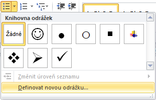 Kapitola 2: Karta Domů 19 Výchozí krok připravit zaráţku. Pro zaráţku můţeme také vybrat vodicí znak. Tento znak spojí konec předchozího textu s textem zarovnaným pomocí zaráţky.