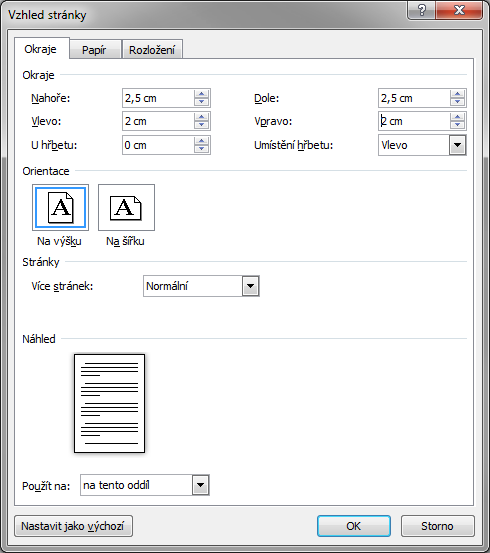 Kapitola 3: Karta Rozložení stránky 38 Svislé zarovnání V sekci Stránka můţeme vybrat svislé zarovnání textu na stránce.