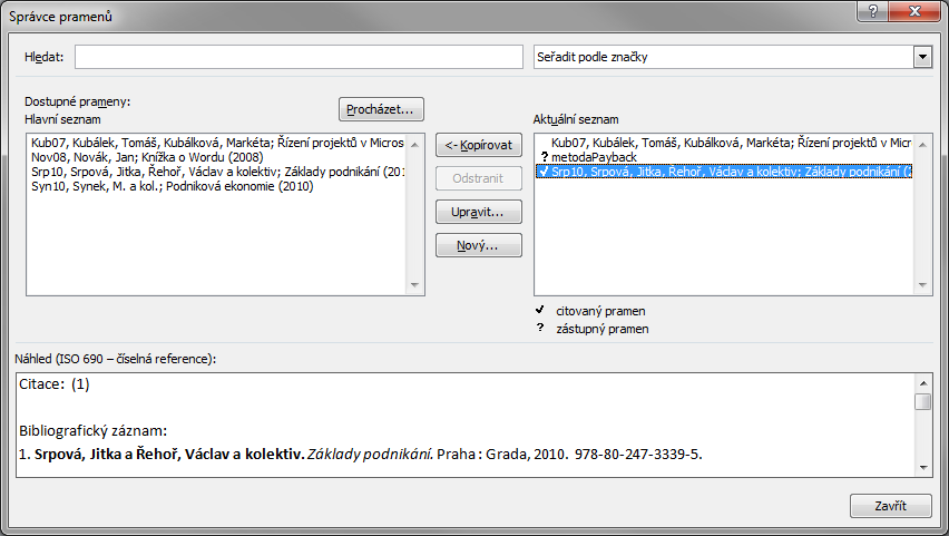 Kapitola 6: Karta Reference 76 dokumentech, v aktuálním seznamu jsou zobrazeny prameny z aktuálního dokumentu.