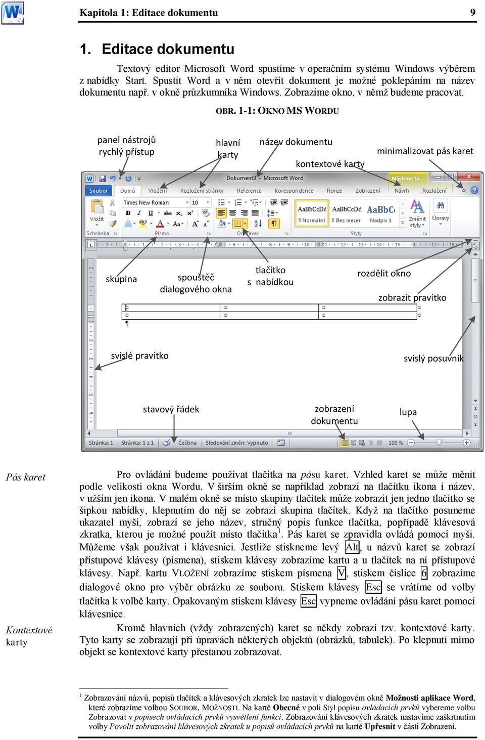 1-1: OKNO MS WORDU panel nástrojů rychlý přístup hlavní karty název dokumentu kontextové karty minimalizovat pás karet skupina spouštěč dialogového okna tlačítko s nabídkou rozdělit okno zobrazit