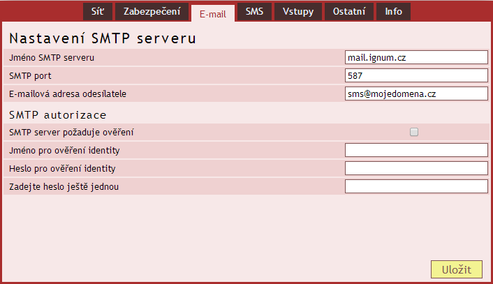 E - m a i l Nastavení SMTP serveru. IP adresa SMTP serveru obr. 11 panel nastavení e-mailů Zadejte IP adresu SMTP serveru, přes který se mají odesílat e-maily.
