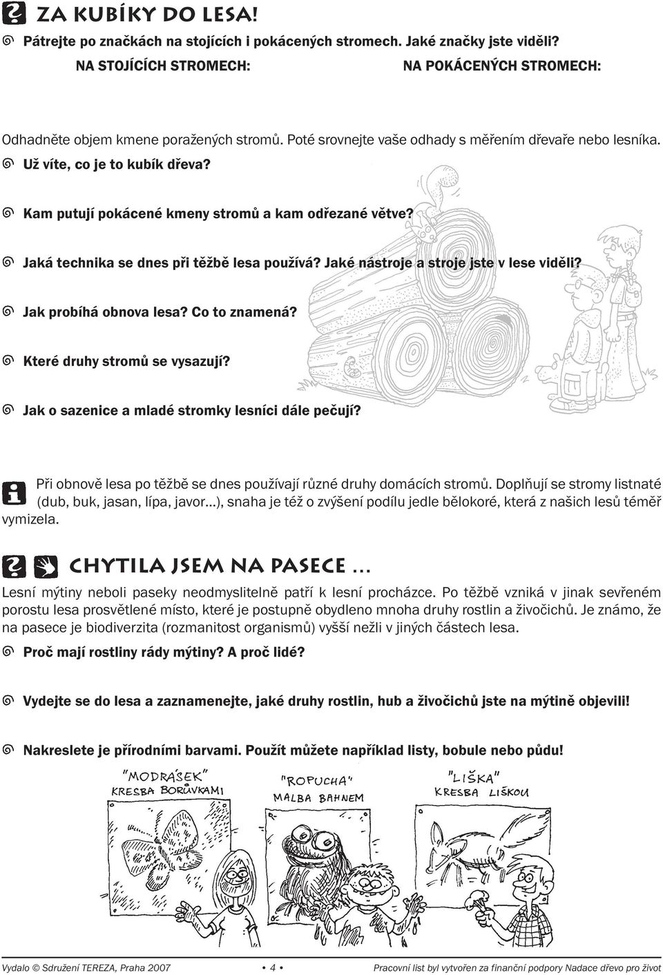 Jaké nástroje a stroje jste v lese viděli? Jak probíhá obnova lesa? Co to znamená? Které druhy stromů se vysazují? Jak o sazenice a mladé stromky lesníci dále pečují?