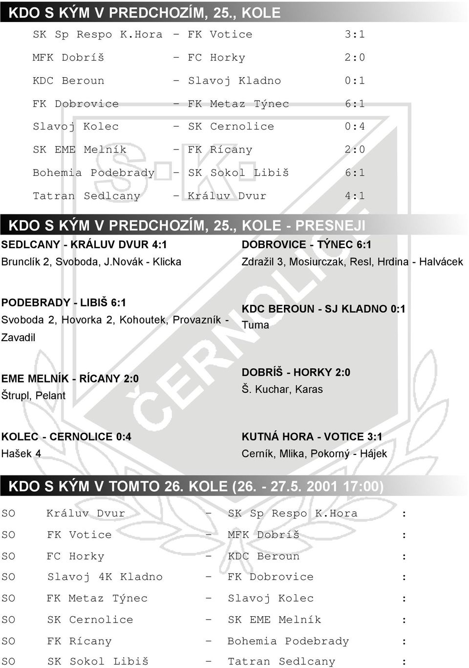 Sokol Libiš 6:1 Tatran Sedlcany - Králuv Dvur 4:1 KDO S KÝM V PREDCHOZÍM, 25., KOLE - PRESNEJI SEDLCANY - KRÁLUV DVUR 4:1 DOBROVICE - TÝNEC 6:1 Brunclík 2, Svoboda, J.