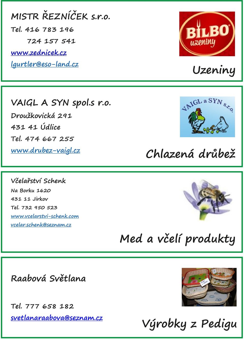 cz Chlazená drůbež Včelařství Schenk Na Borku 1620 431 11 Jirkov Tel. 732 950 523 www.vcelarstvi-schenk.