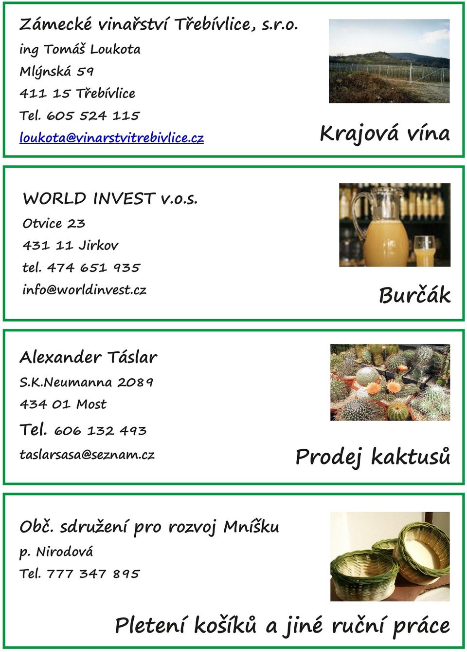 474 651 935 info@worldinvest.cz Burčák Alexander Táslar S.K.Neumanna 2089 434 01 Most Tel.