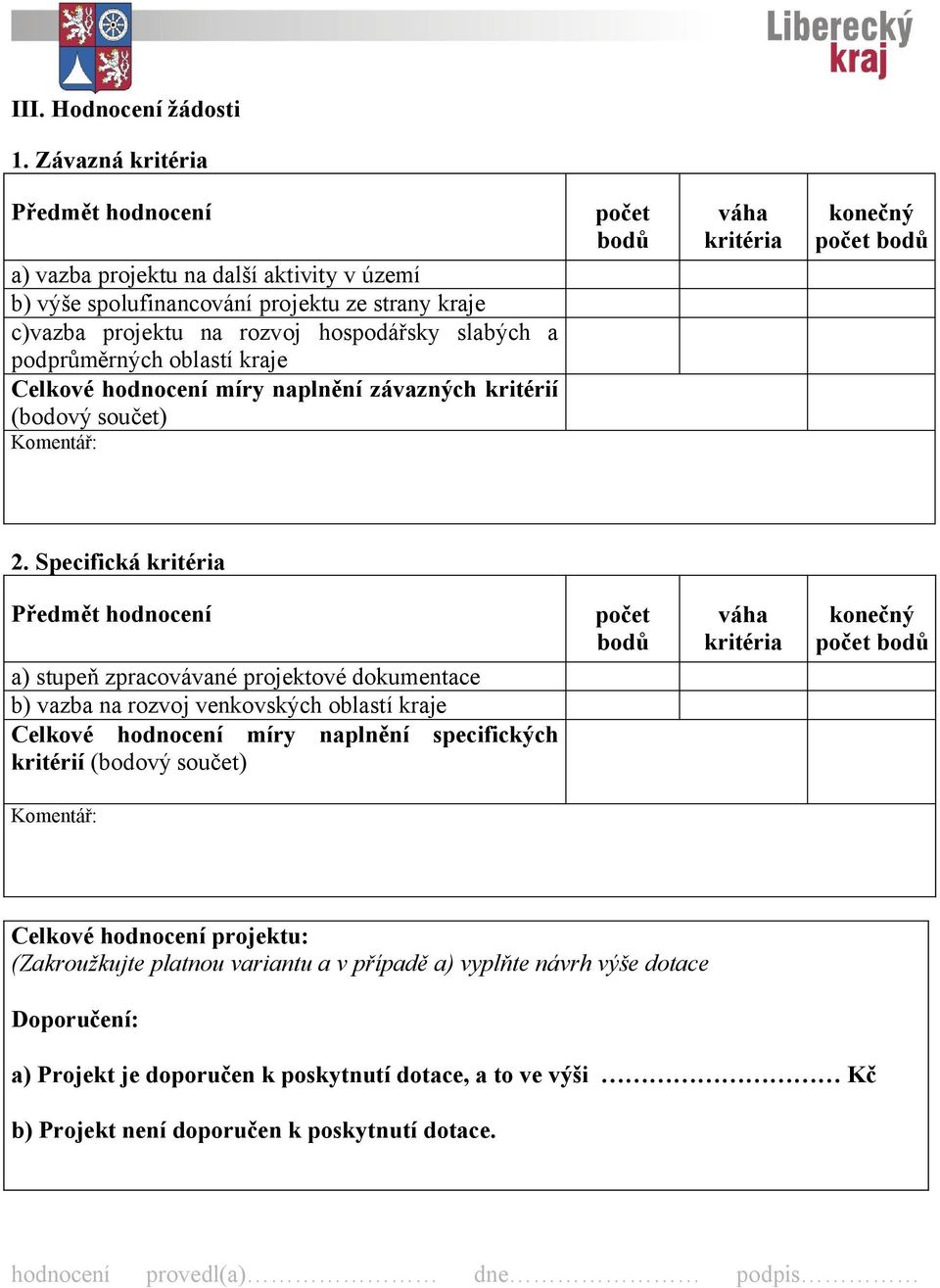 kraje Celkové hodnocení míry naplnění závazných kritérií (bodový součet) Komentář: počet bodů váha kritéria konečný počet bodů 2.