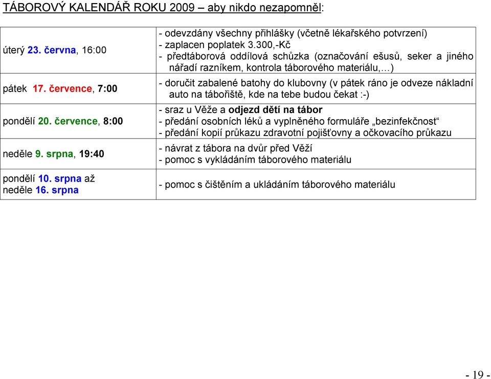 300,-Kč - předtáborová oddílová schůzka (označování ešusů, seker a jiného nářadí razníkem, kontrola táborového materiálu, ) - doručit zabalené batohy do klubovny (v pátek ráno je odveze nákladní auto