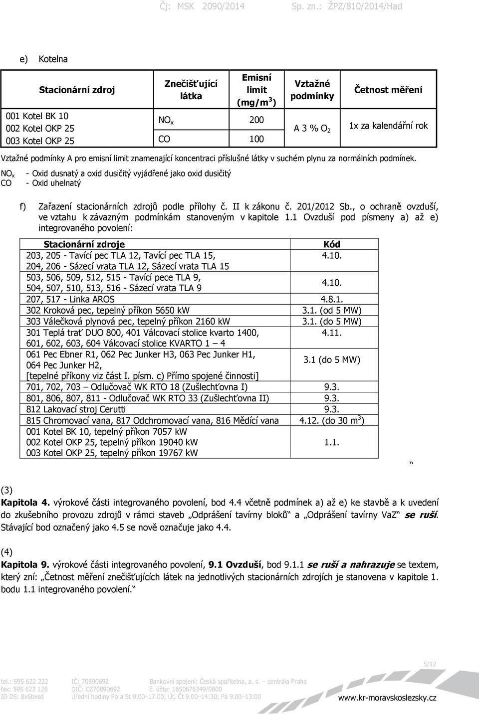 NO x CO - Oxid dusnatý a oxid dusičitý vyjádřené jako oxid dusičitý - Oxid uhelnatý f) Zařazení stacionárních zdrojů podle přílohy č. II k zákonu č. 201/2012 Sb.