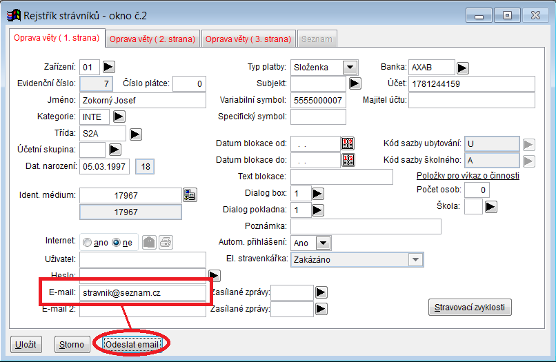 Odeslat e-mail strávníkovi Na kartě strávníka se nachází tlačítko Odeslat e-mail pro rychlé odeslání e-mailu konkrétnímu