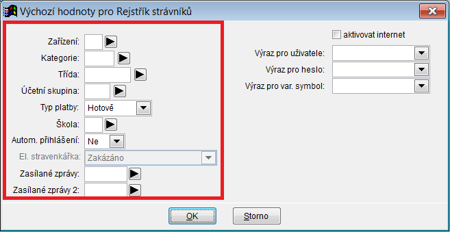 Výchozí hodnoty pro vyplnění údajů nového strávníka V programu lze předvyplnit některé hodnoty (nastavení), které se budou novému strávníkovi na jeho kartě vyplňovat automaticky.